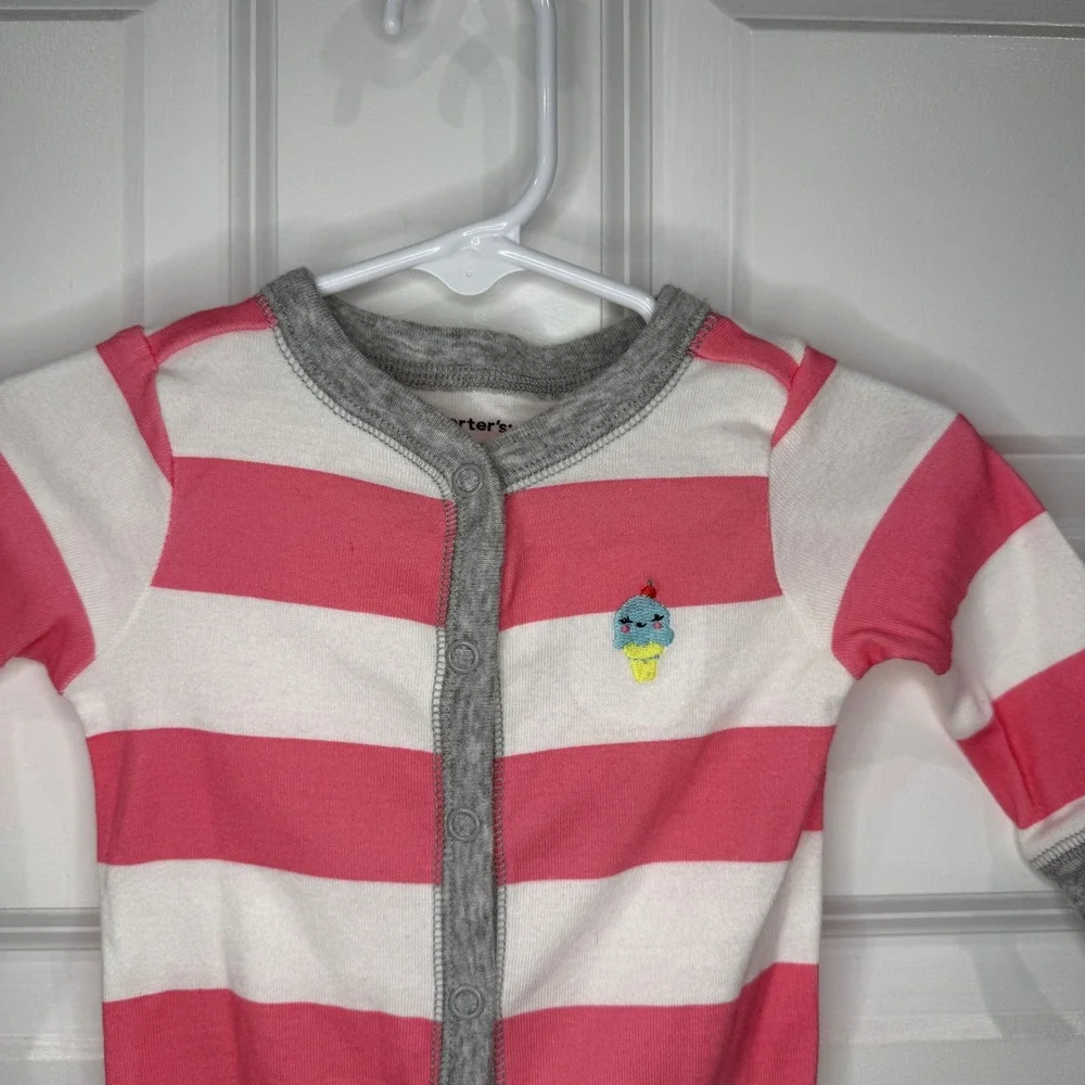 Carters Baby‎ Girl Pink Striped Ice Cream Romper Snap Up Jumpsuit Size 3 Months